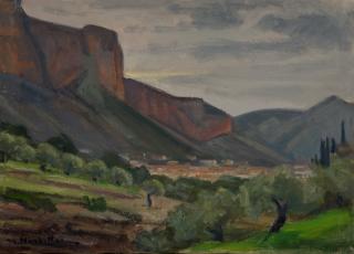 Leonidio, General View from Afar — Oil painting, Canvas, 33.00×46.00cm — Theodoros Markellos